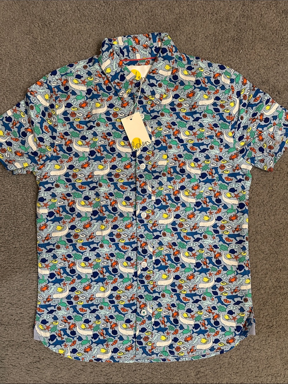 Boden Boys’ Short-Sleeve Button-Down Shirt in Ocean Life Print